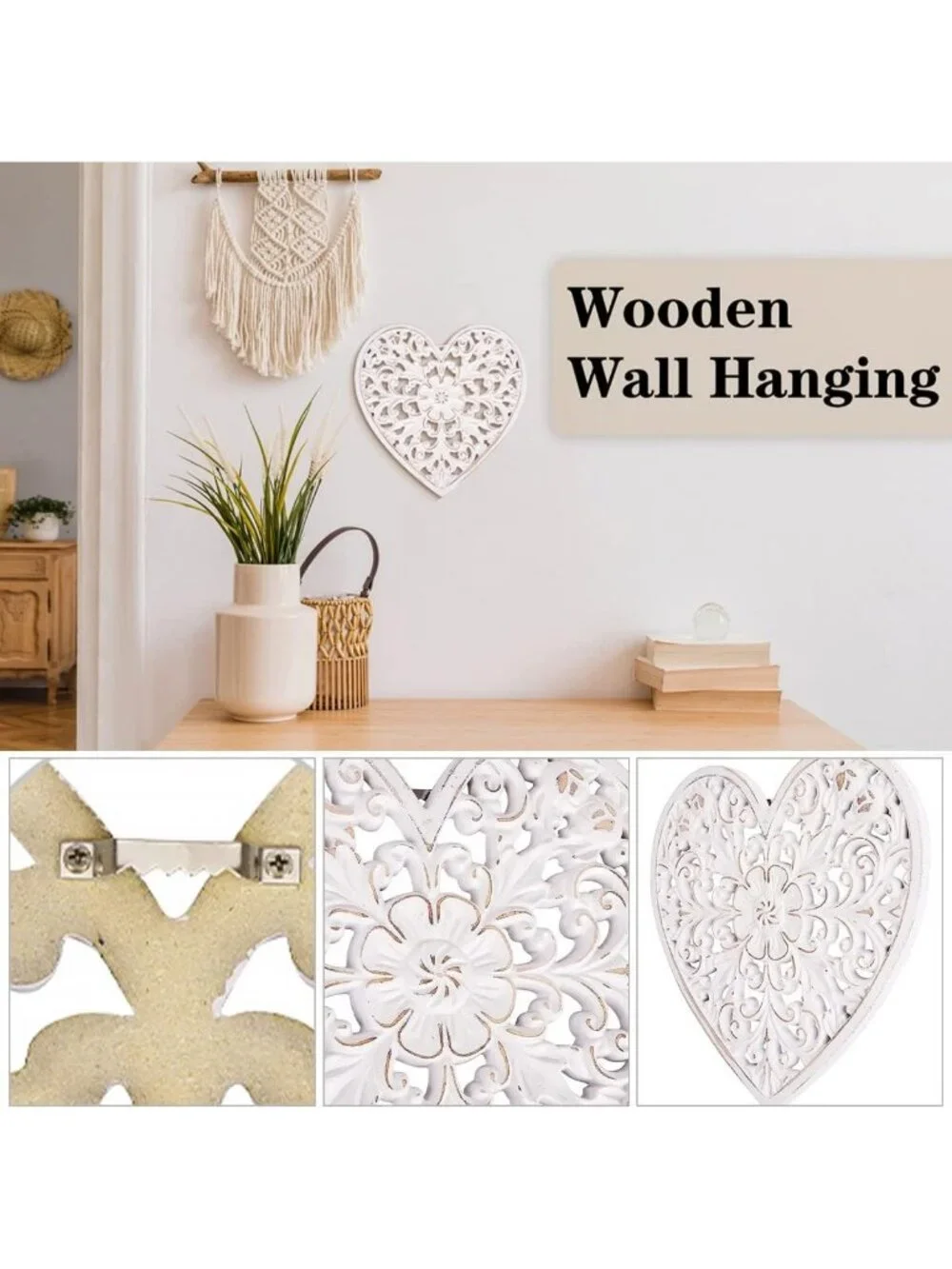 Rustic Floral Carved Wall Art Panel - Heart Shape Hanging Decor for Home